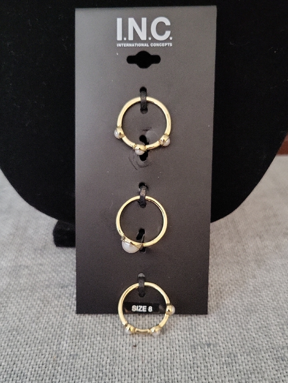 INC Set of Three Goldtone Rings With Pearls, Size 8